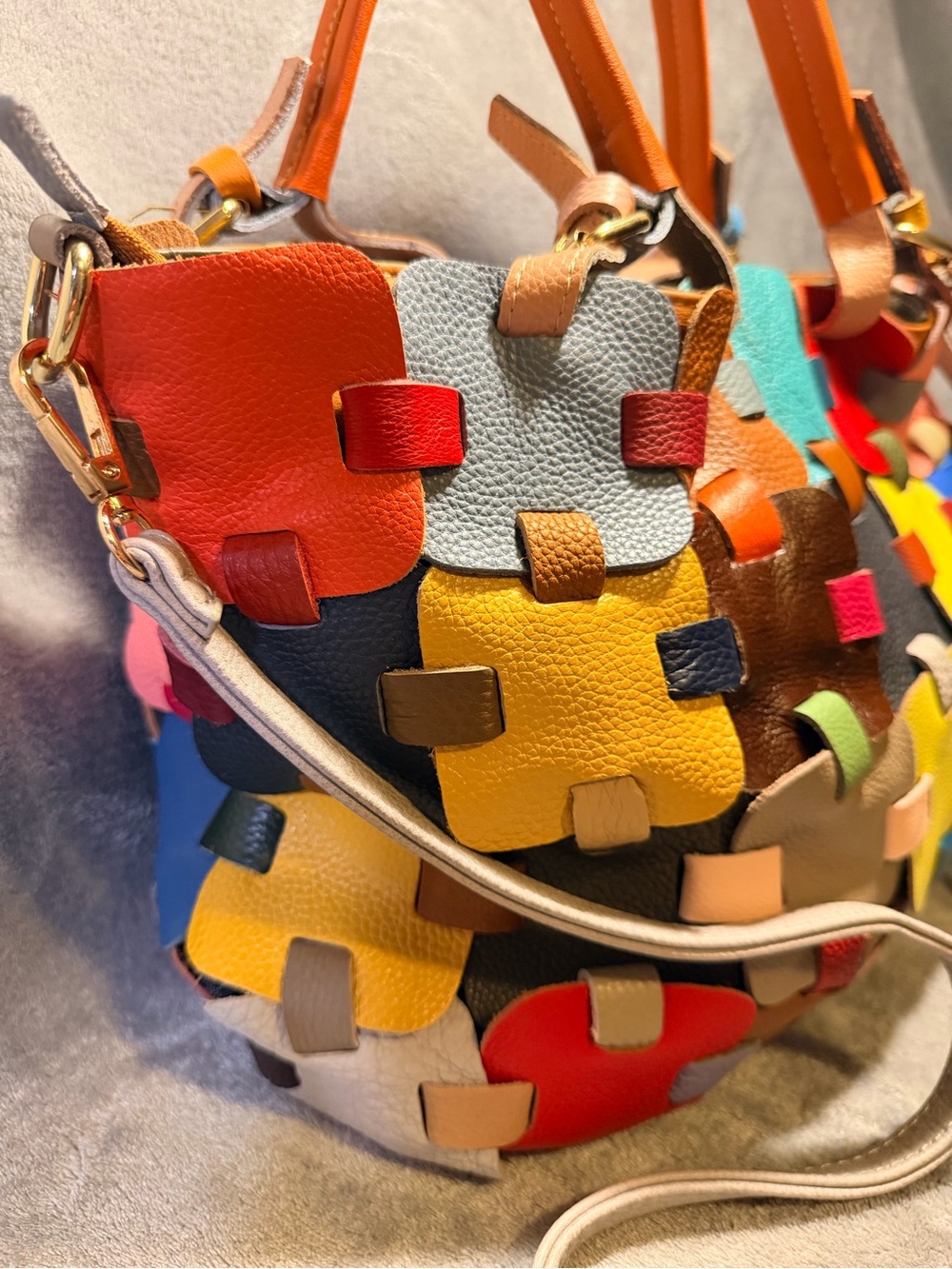 Multicolor Patchwork Genuine Leather Tote Bag - Picture 6 of 12